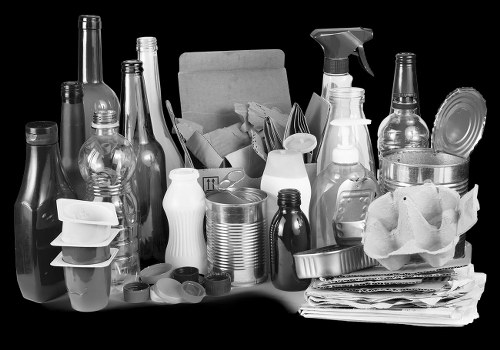 A black-and-white image displaying a collection of various rubbish items arranged on a flat surface, likely outdoors or in a waste collection area. The foreground includes multiple empty glass bottles of different shapes and sizes with narrow necks, some with caps or lids, along with plastic containers, some with lids, and a few crumpled paper or cardboard objects stacked or leaning against each other. A cardboard box or container is partially open and filled with assorted waste, including cardboard pieces and discarded packaging. In the background, there are additional bottles, possibly made of glass or plastic, along with a crumpled paper or tissue, and other miscellaneous waste materials. The overall scene is indicative of household or commercial waste accumulated for collection, aligning with rubbish removal services offered by Commercial Waste Greenhithe, and suggests a typical waste collection setup in the Greenhithe area within Kent, England.